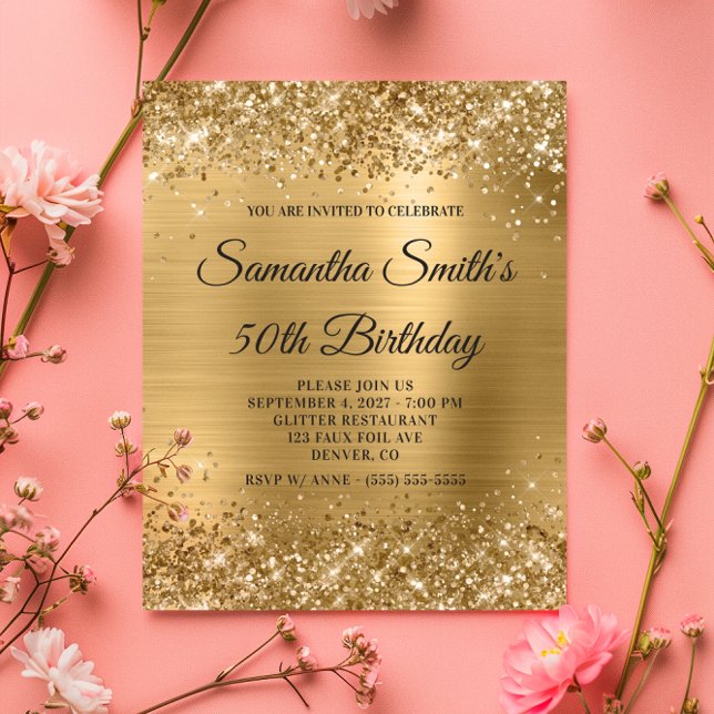 Glittrande guld folie 50-års födelsedagsmonogram-i flygblad (Glittery Gold Foil 50th Birthday Monogram Invite Flyer)