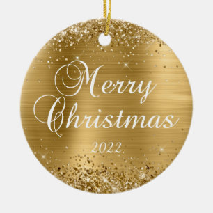 Glittrande guld folie God Jul Foto Julgransprydnad Keramik
