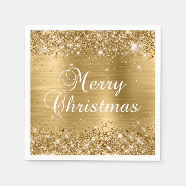Glittrande guld folie God Jul Pappersservett (Framsidan)