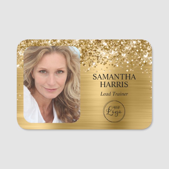 Glittrande guld folie logotyp och foto namnbricka (Framsida)