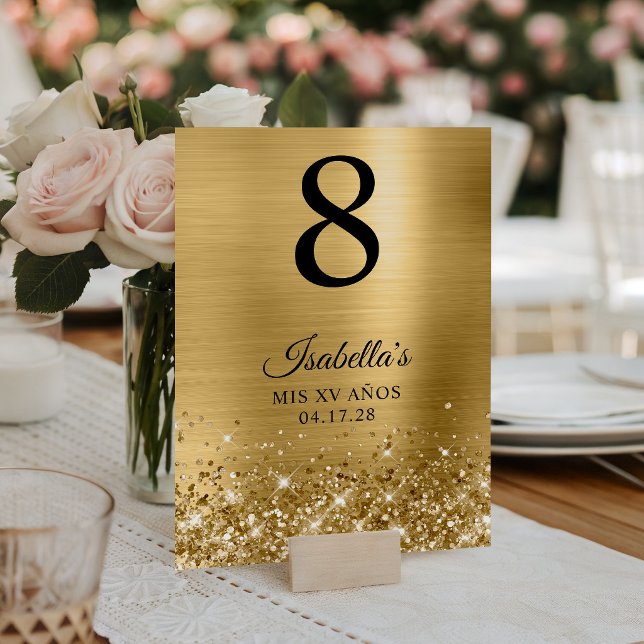 Glittrande guld folie Mis XV År Bordsnummer (Glittery Gold Foil Mis XV Anos Table Number)