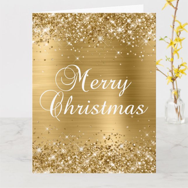 Glittrande guld folie Stor Glad Jul Kort (Gul blomma)