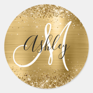 Glittrande guld folie Svart och vit monogram Runt Klistermärke