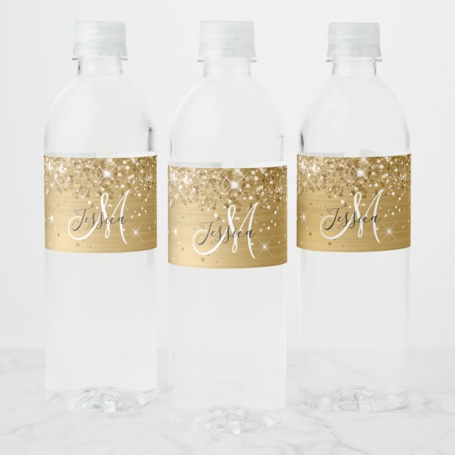 Glittrande guld folie svart och vit monogram vattenflaskor etikett (Flaskor)