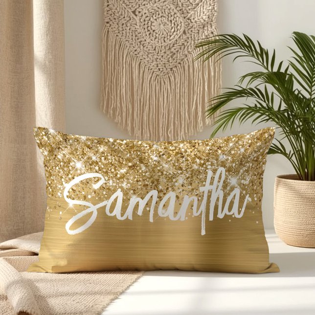Glittrande Guld Glam Borst Skriptnamn Lumbarkudde (Glittery Gold Glam Brush Script Name Lumbar Pillow)