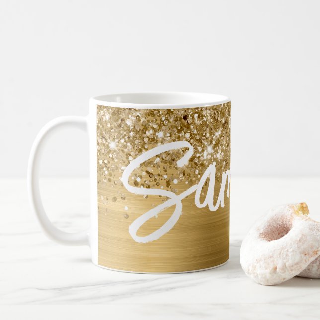Glittrande Guld Glam Borste Skriptnamn Kaffemugg (Med munk)