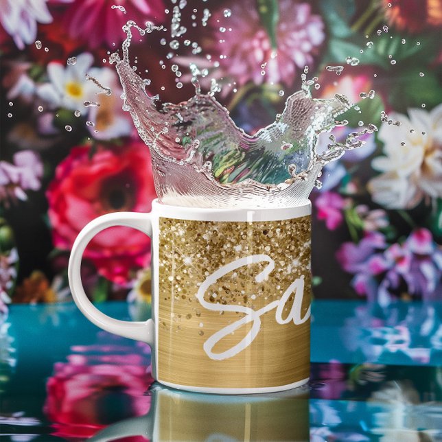 Glittrande Guld Glam Borste Skriptnamn Kaffemugg (Glittery Gold Glam Brush Script Name Coffee Mug)