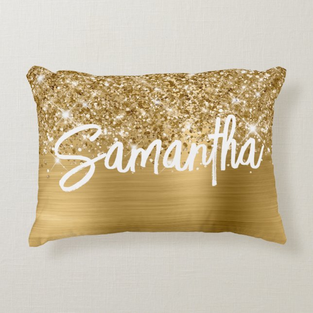Glittrande Guld Glam Borste Skriptnamn Prydnadskudde (Framsidan)