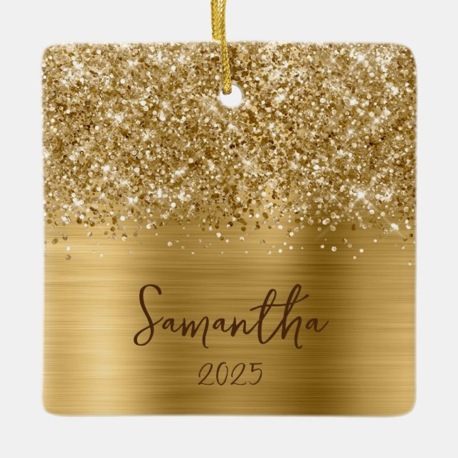 Glittrande Guld Glam Namn Foto Julgransprydnad Keramik (Framsida)