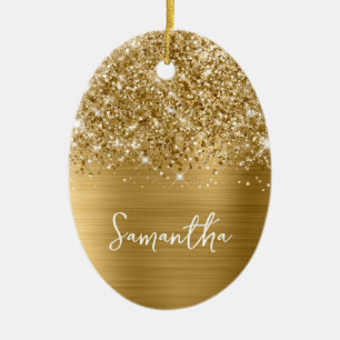 Glittrande Guld Glam Namn Oval Foto Julgransprydnad Keramik