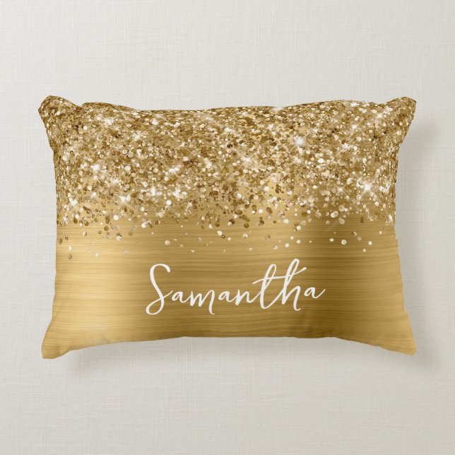 Glittrande Guld Glam Skriptnamn Prydnadskudde (Framsidan)