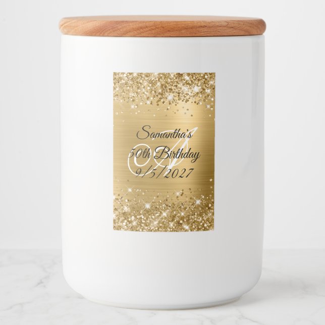 Glittrande guld glamour monogram 50-årsdag mat etikett (Framsida)