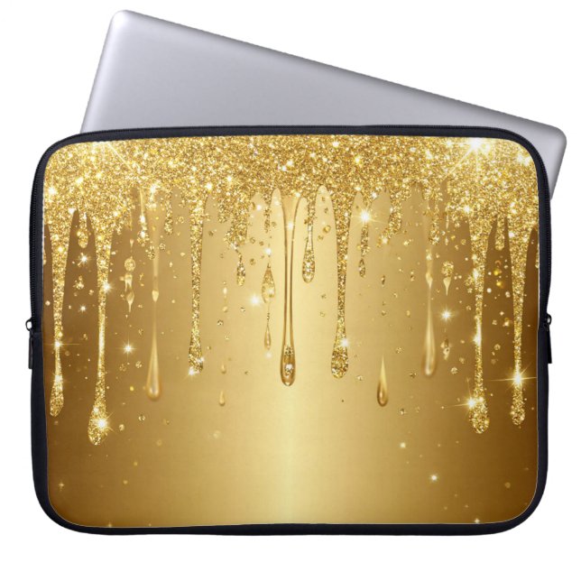 Glittrande Guld Glitter Dropp Bakgrund Laptop Fodral (Framsidan)