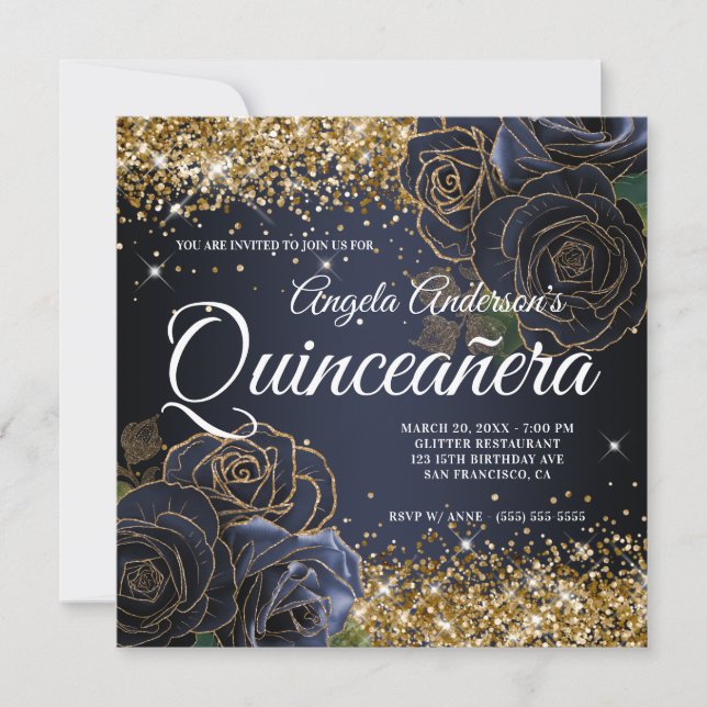 Glittrande guld glitter marinblå ros Quinceañera Inbjudningar (Framsida)