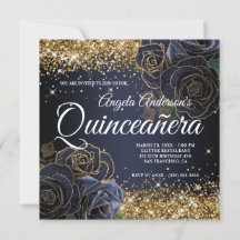 Glittrande guld glitter marinblå ros Quinceañera
