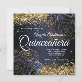 Glittrande guld glitter marinblå ros Quinceañera Inbjudningar