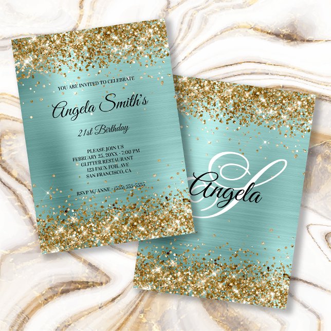 Glittrande guld glitter turkos folie monogram inbjudningar (Skapare uppladdad)