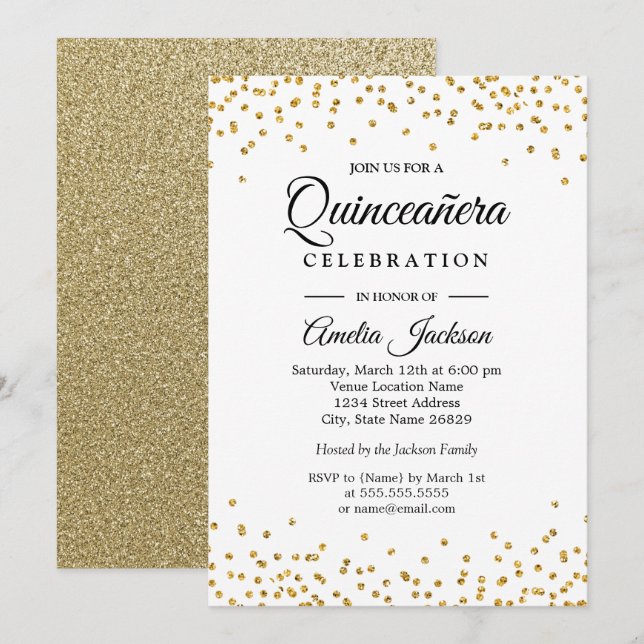 Glittrande Guld Konfetti Quinceanera Inbjudan (Fram/baksida)