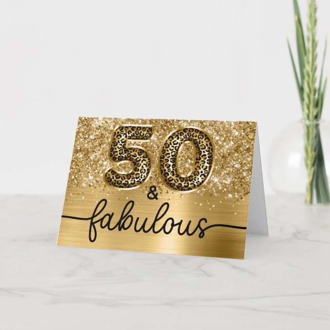 Glittrande Guld Leopard Glam 50 och Fantastisk Kort (Framsida)