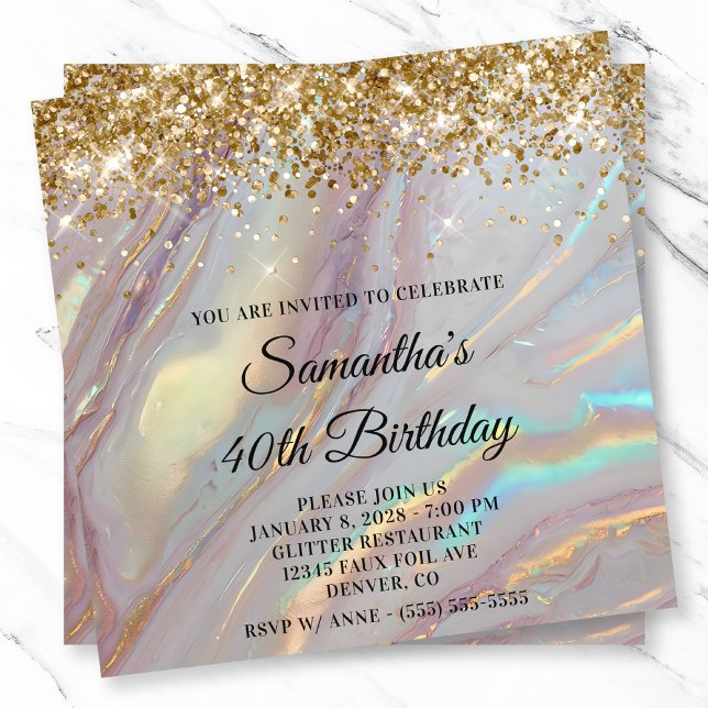 Glittrande guld marmorerad opal 40-årsdag inbjudningar (Glittery Gold Marbled Opal 40th Birthday Invitation)