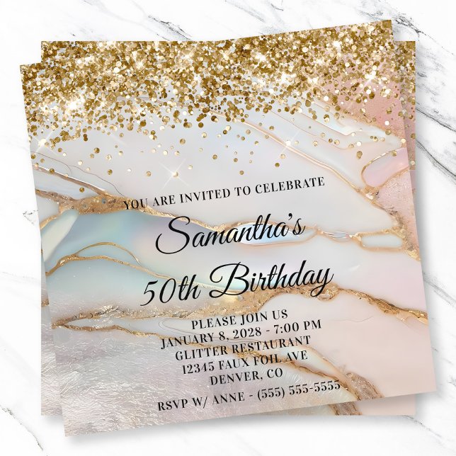Glittrande guld marmorerad opal 50-års födelsedag inbjudningar (Glittery Gold Marbled Opal 50th Birthday Invitation)