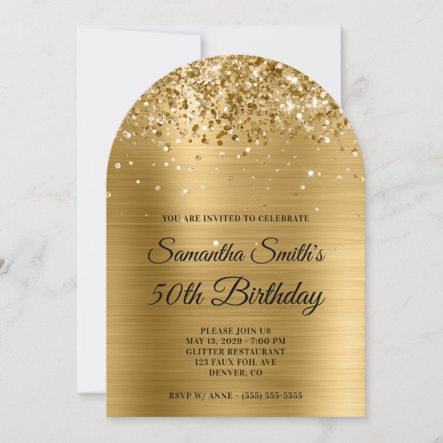 Glittrande guld metallisk monogram 50-årsdag inbjudningar (Framsida)