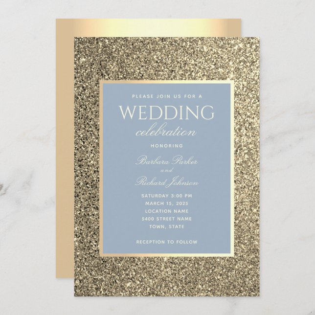 Glittrande Guld Och Dammigt Blått Bröllopsinbjudan Inbjudningar (Fram/baksida)