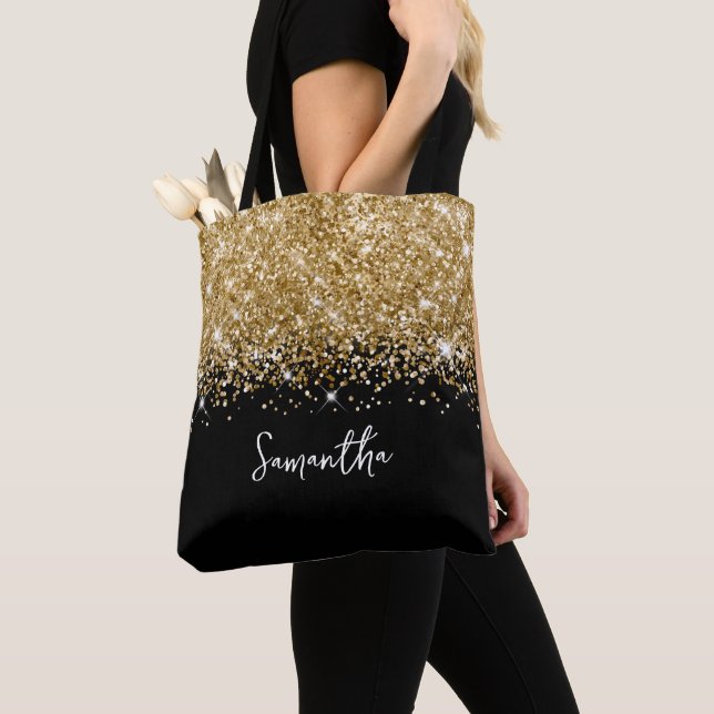 Glittrande guld och svart glamouröst namn tygkasse (Närbild)