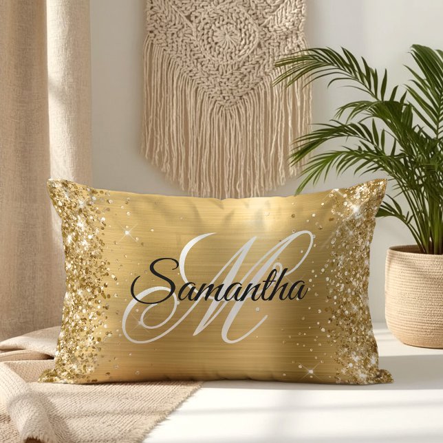 Glittrande Guld Satin Folie Monogram Lumbarkudde (Glittery Gold Satin Foil Monogram Lumbar Pillow)