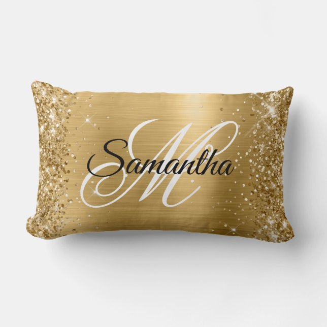 Glittrande Guld Satin Folie Monogram Lumbarkudde (Framsida)