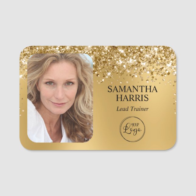 Glittrande guld suddig logotyp och foto namnbricka (Framsida)