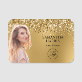 Glittrande guld suddig utskuren foto och logotyp namnbricka