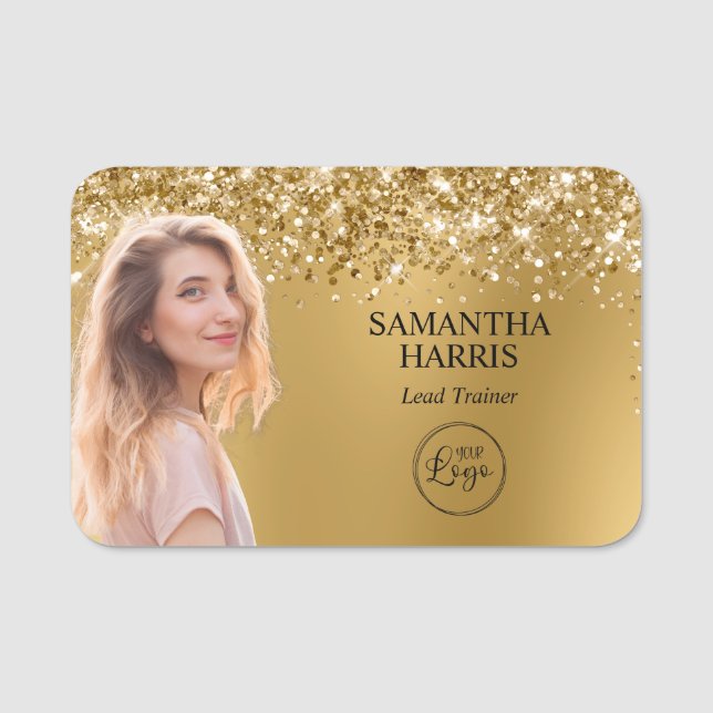 Glittrande guld suddig utskuren foto och logotyp namnbricka (Framsida)