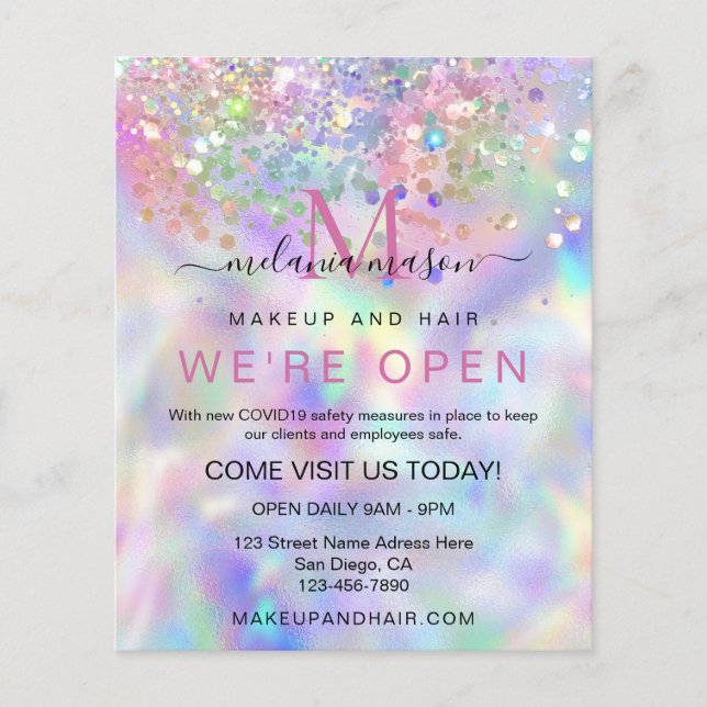 Glittrande holografisk glitter elegant sminkartist flygblad (Framsidan)