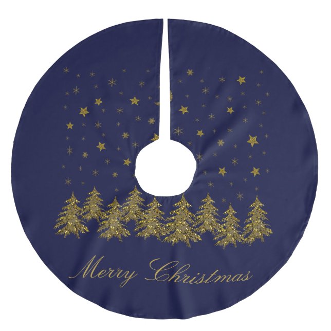 Glittrande julgran i guld, måne och stjärnor på bl julgransmatta borstad polyester (Framsidan)