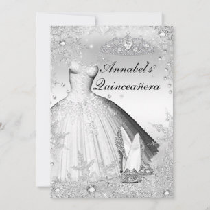 Glittrande klänning & tiara Silver Quinceanera-inb Inbjudningar