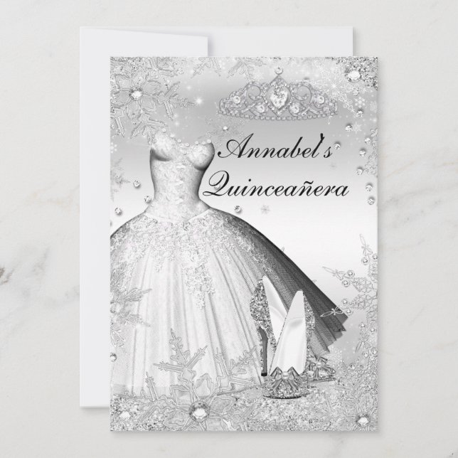 Glittrande klänning & tiara Silver Quinceanera-inb Inbjudningar (Framsida)
