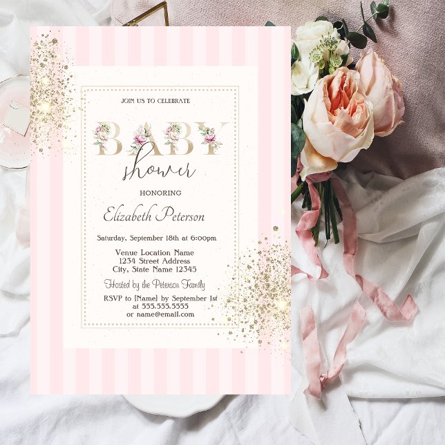 Glittrande Konfetti Damm Rosa Randig Baby Shower Inbjudningar (Skapare uppladdad)