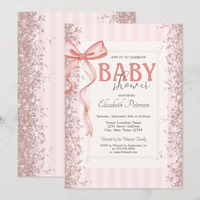 Glittrande Konfetti Rosa Band Rosa Randig Baby Sho Inbjudningar (Fram/baksida)