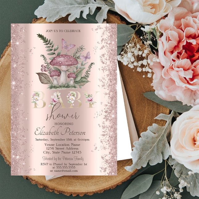 Glittrande Konfetti Svampar Fjärilar Baby Shower Inbjudningar (Skapare uppladdad)