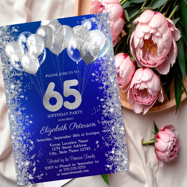 Glittrande Konfettiballonger Marinblå 65-årsdag Inbjudningar (Skapare uppladdad)