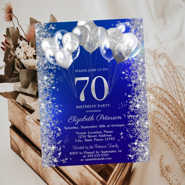 Glittrande Konfettiballonger Marinblå 70-årsdag Inbjudningar (Skapare uppladdad)