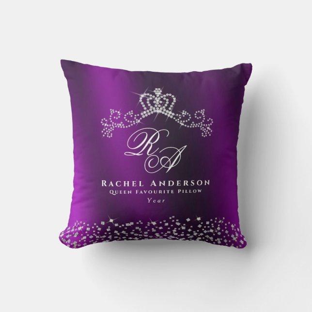 Glittrande Kronmonogram Magenta Kudde (Framsida)