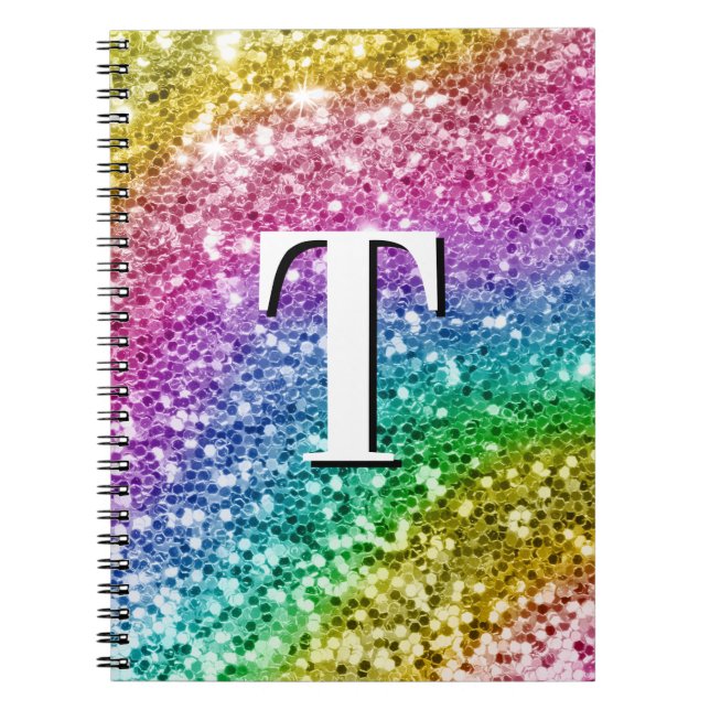 Glittrande kvinnlig regnbåge klumpig glittermonogr anteckningsbok (Framsidan)