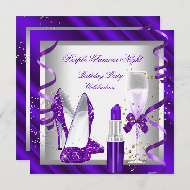 Glittrande lila Glamour Night Champagnefest Inbjudningar (Fram/baksida)