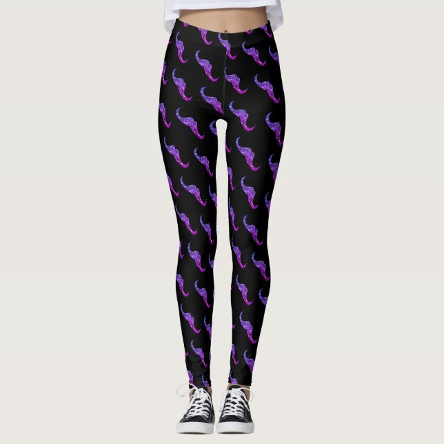 Glittrande lila ombre Mustasch mönster svart Leggings (Framsida)