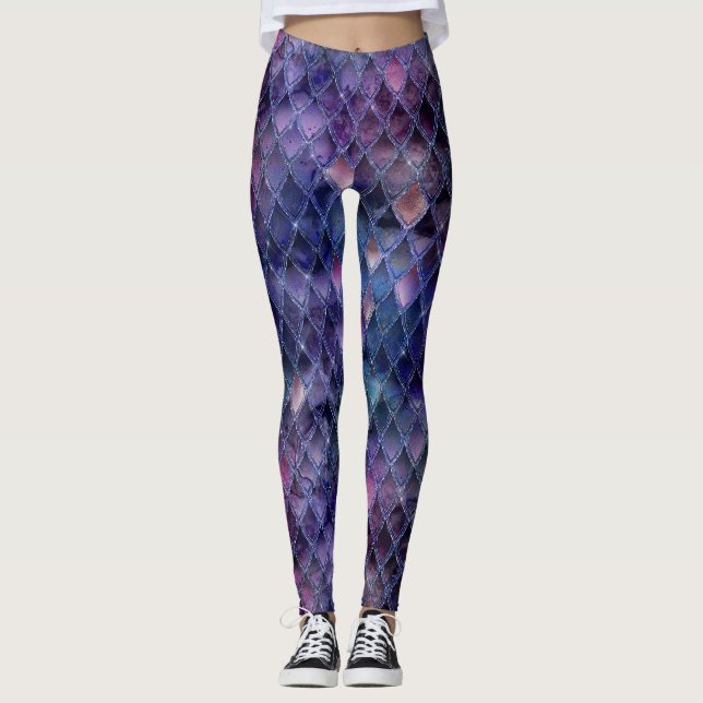 Glittrande lila ombré och glitterdrakfjäll leggings (Framsida)