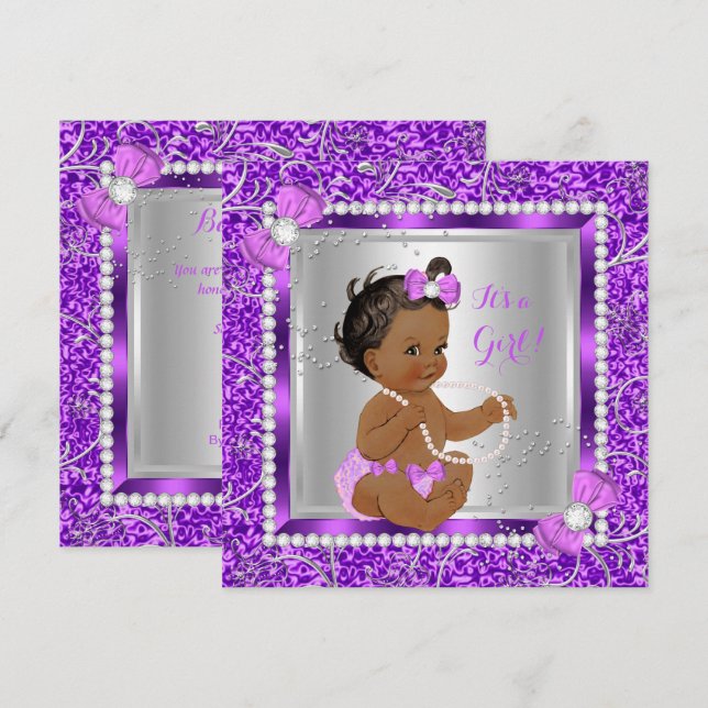 Glittrande lila silver baby shower flicka etniskt inbjudningar (Fram/baksida)