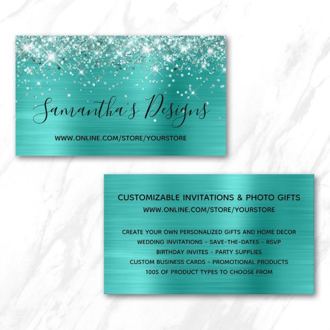 Glittrande Ljus Turkos Folie Webbutik Visitkort (Glittery Bright Turquoise Foil Online Store Business Card)