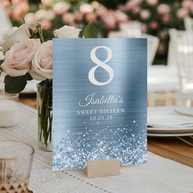 Glittrande Ljusblå Sweet Sixteen Bordsnummer (Glittery Light Blue Sweet Sixteen Table Number)